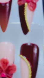 Luxury Burgundy Gold Floral Chrome Press On Nail Set Handmade Elegant Design