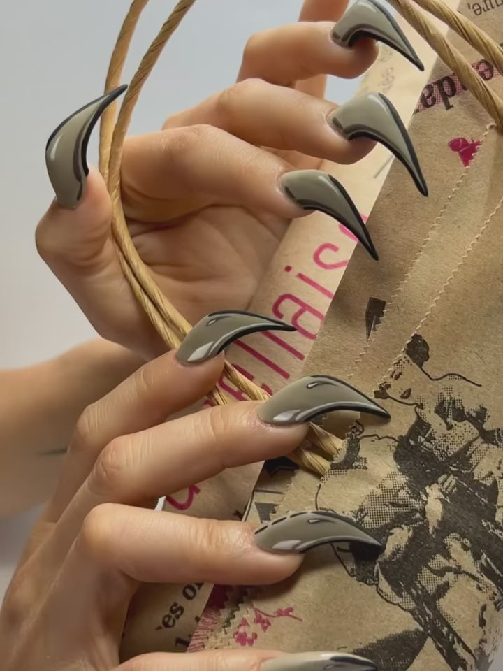 Gothic Taupe Black Curved Stiletto Press On Nails