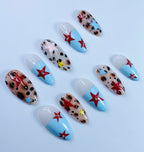 Leopard Starfish Almond Press On Nails Beach Set