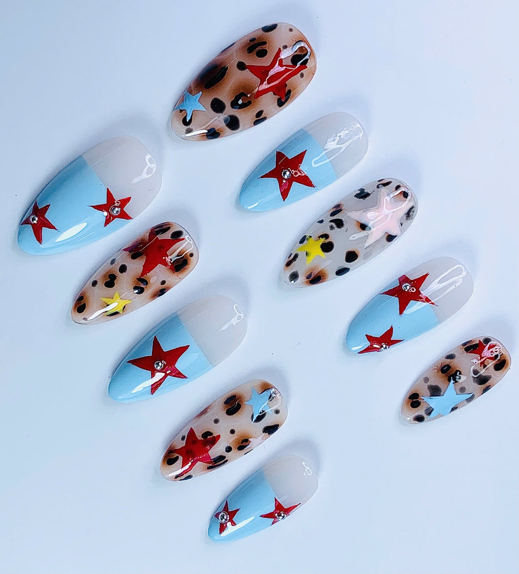 Leopard Starfish Almond Press On Nails Beach Set