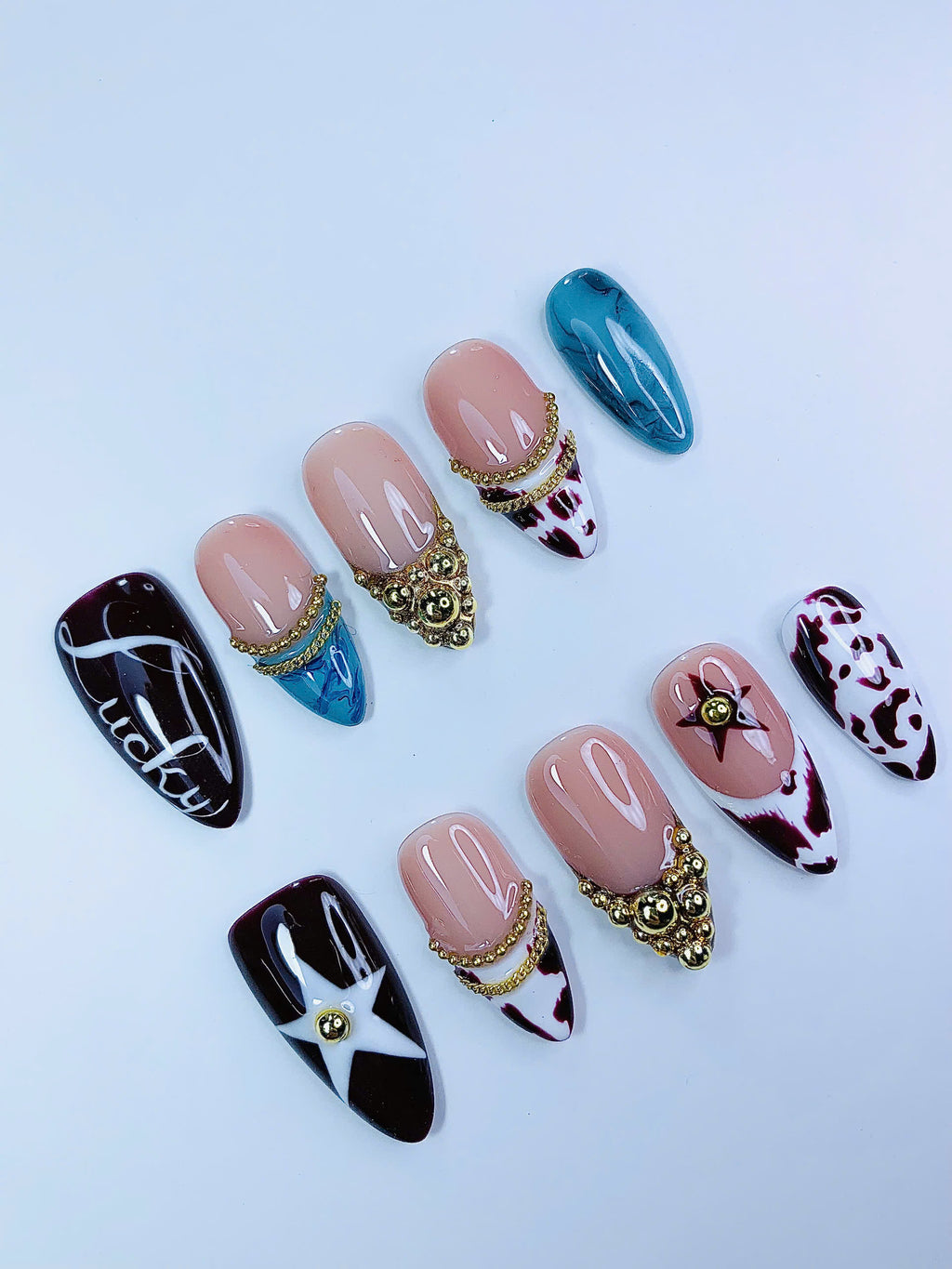 Cow Print Gold Chain Almond Press On Nails Set