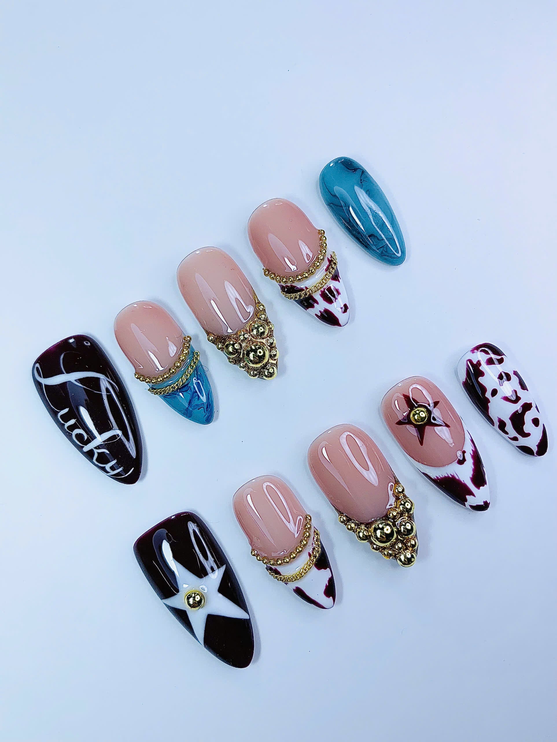 Cow Print Gold Chain Almond Press On Nails Set