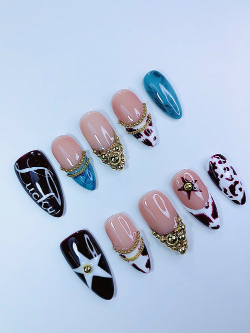 Cow Print Gold Chain Almond Press On Nails Set