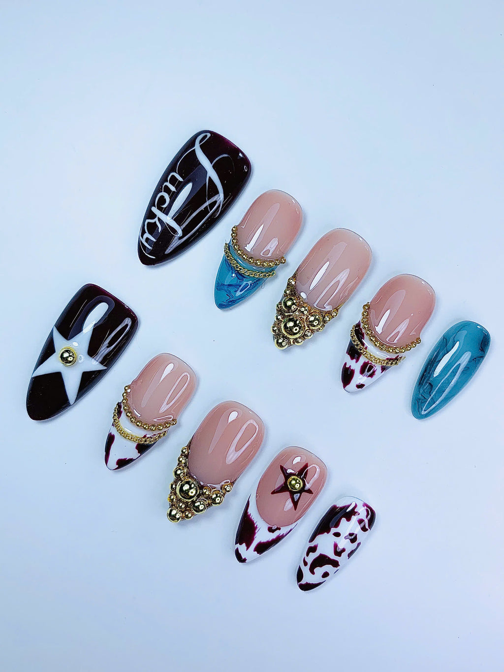 Cow Print Gold Chain Almond Press On Nails Set