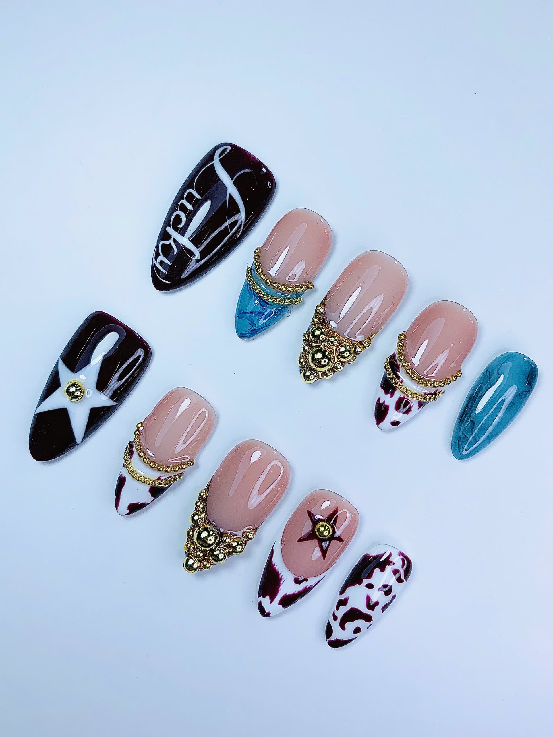 Cow Print Gold Chain Almond Press On Nails Set