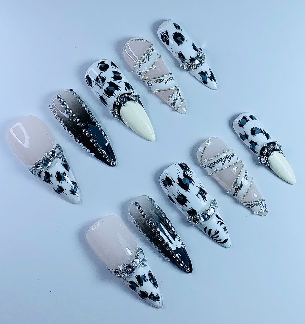 Cow Print Chrome Stiletto Press On Nails Set