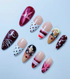 Retro Cartoon Character Burgundy Stiletto Press On Nails Set