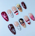 Retro Cartoon Character Burgundy Stiletto Press On Nails Set