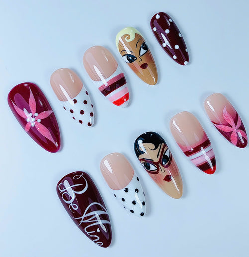 Retro Cartoon Character Burgundy Stiletto Press On Nails Set