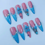 Blue Blossom Stiletto Press On Nails Handmade Floral Art Set