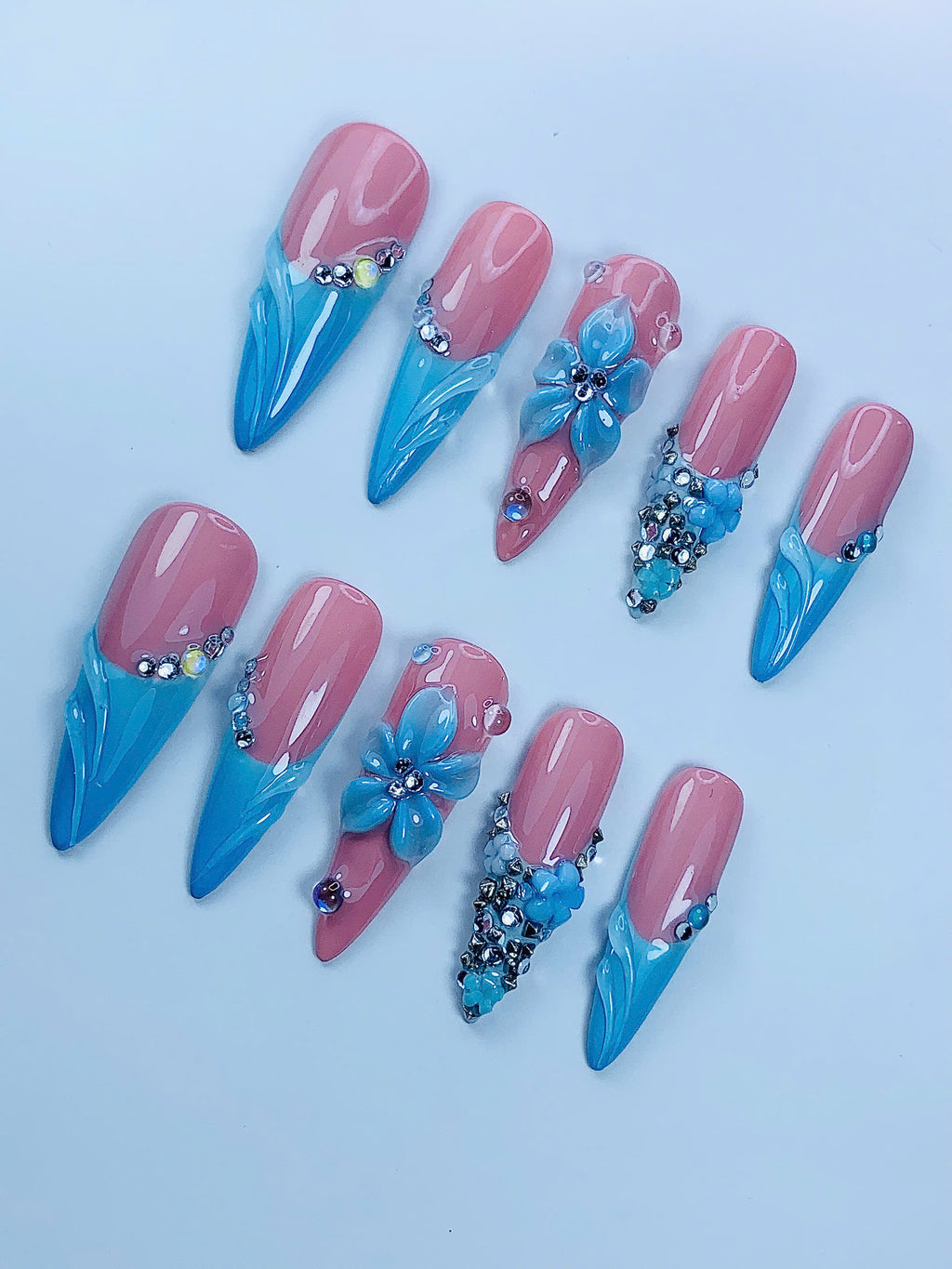 Blue Blossom Stiletto Press On Nails Handmade Floral Art Set