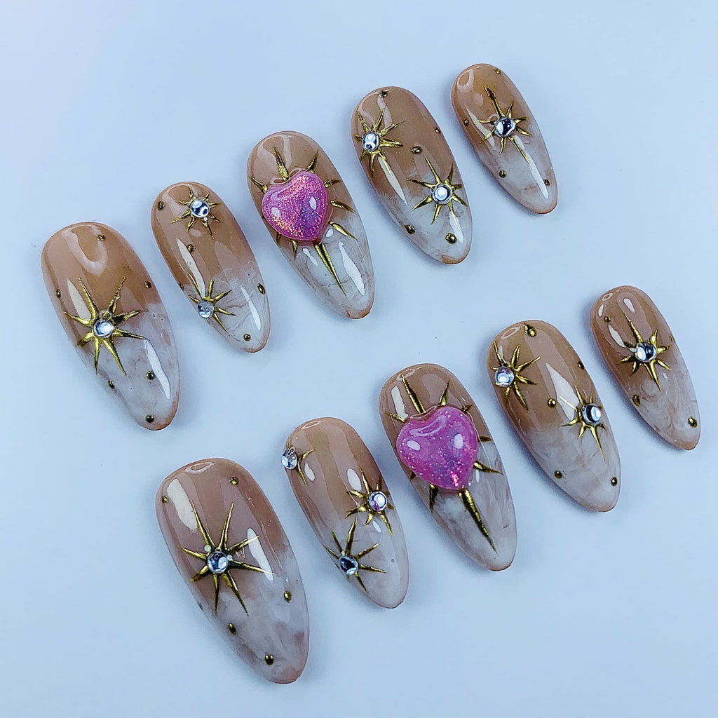 Celestial Heart Almond Press On Nails Gold Star Charm Set