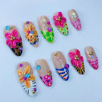 Tropical Flower Almond Press On Nails Handmade Summer Art Set