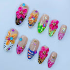 Tropical Flower Almond Press On Nails Handmade Summer Art Set