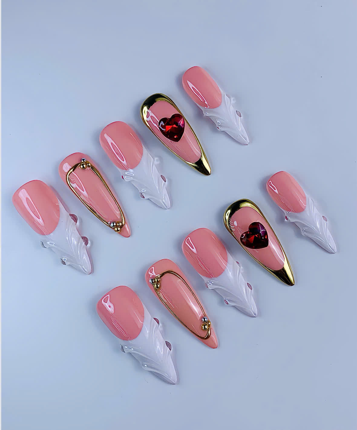Pink Heart French Press On Nails Handmade 3D Romantic Elegant Nail Set