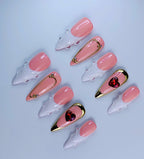 Pink Heart French Press On Nails Handmade 3D Romantic Elegant Nail Set