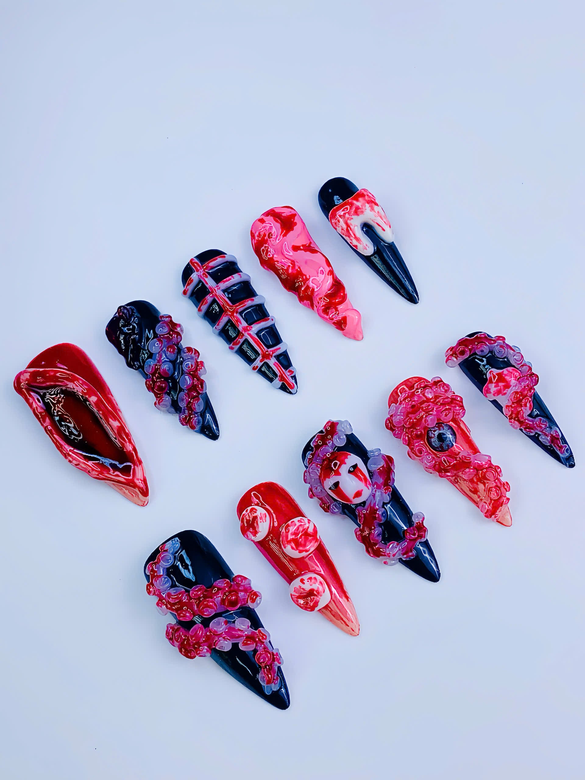 Horror Gothic Press On Nails Handmade 3D Sculptural Halloween Art Set