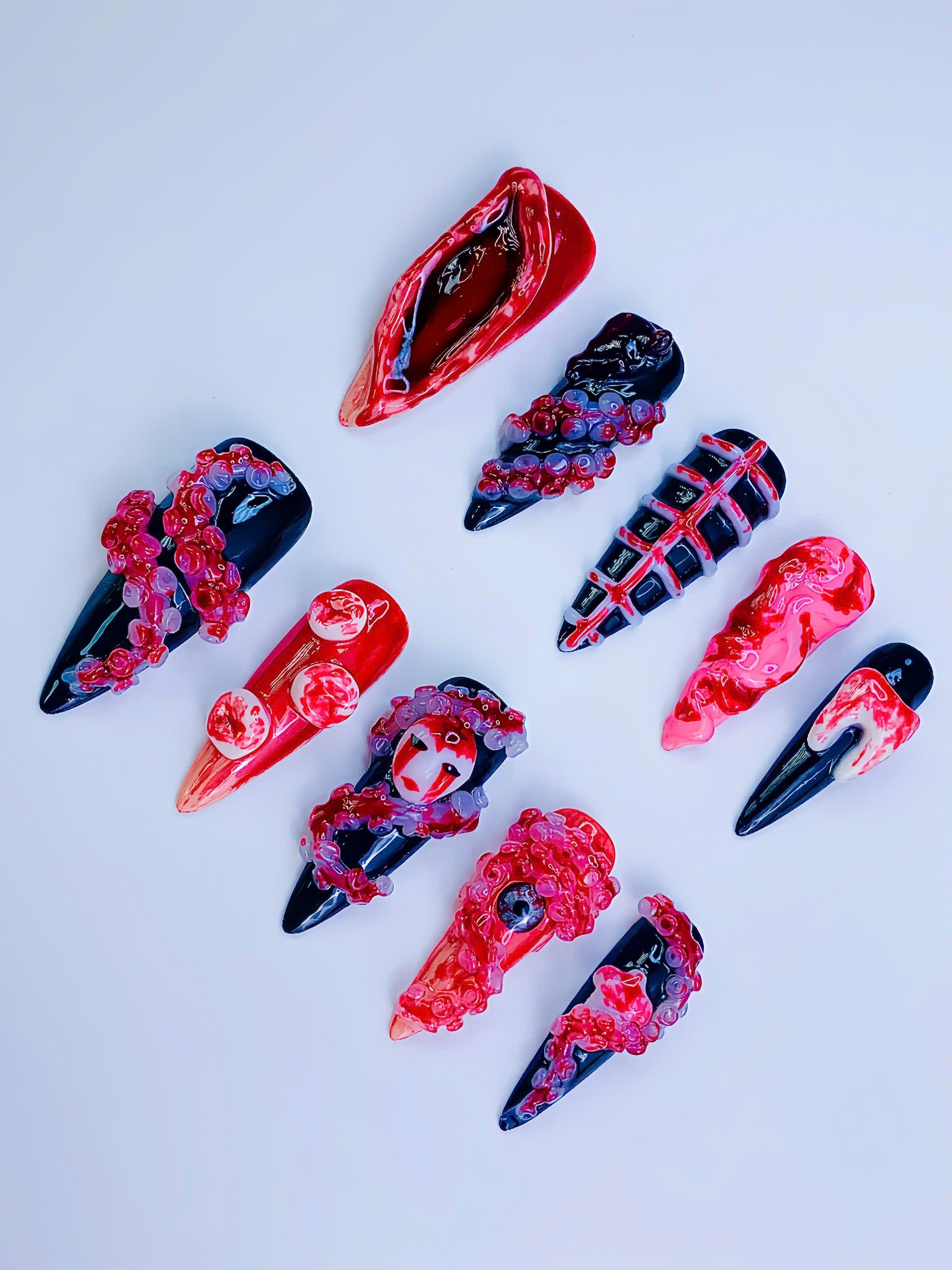 Horror Gothic Press On Nails Handmade 3D Sculptural Halloween Art Set