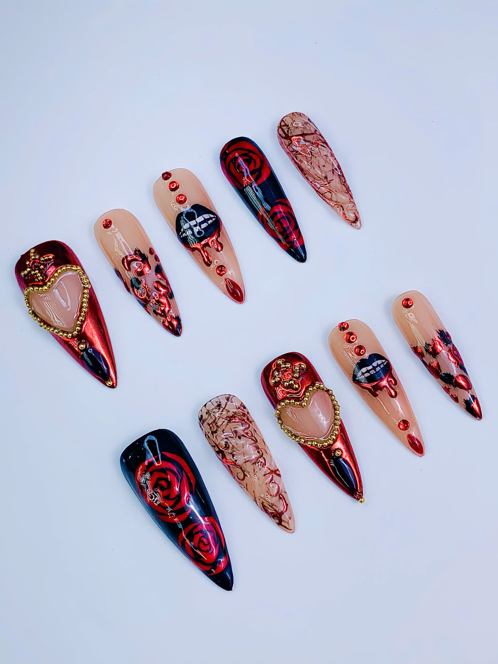 Luxury Gothic Chrome Rose Heart Stiletto Press On Nail Set