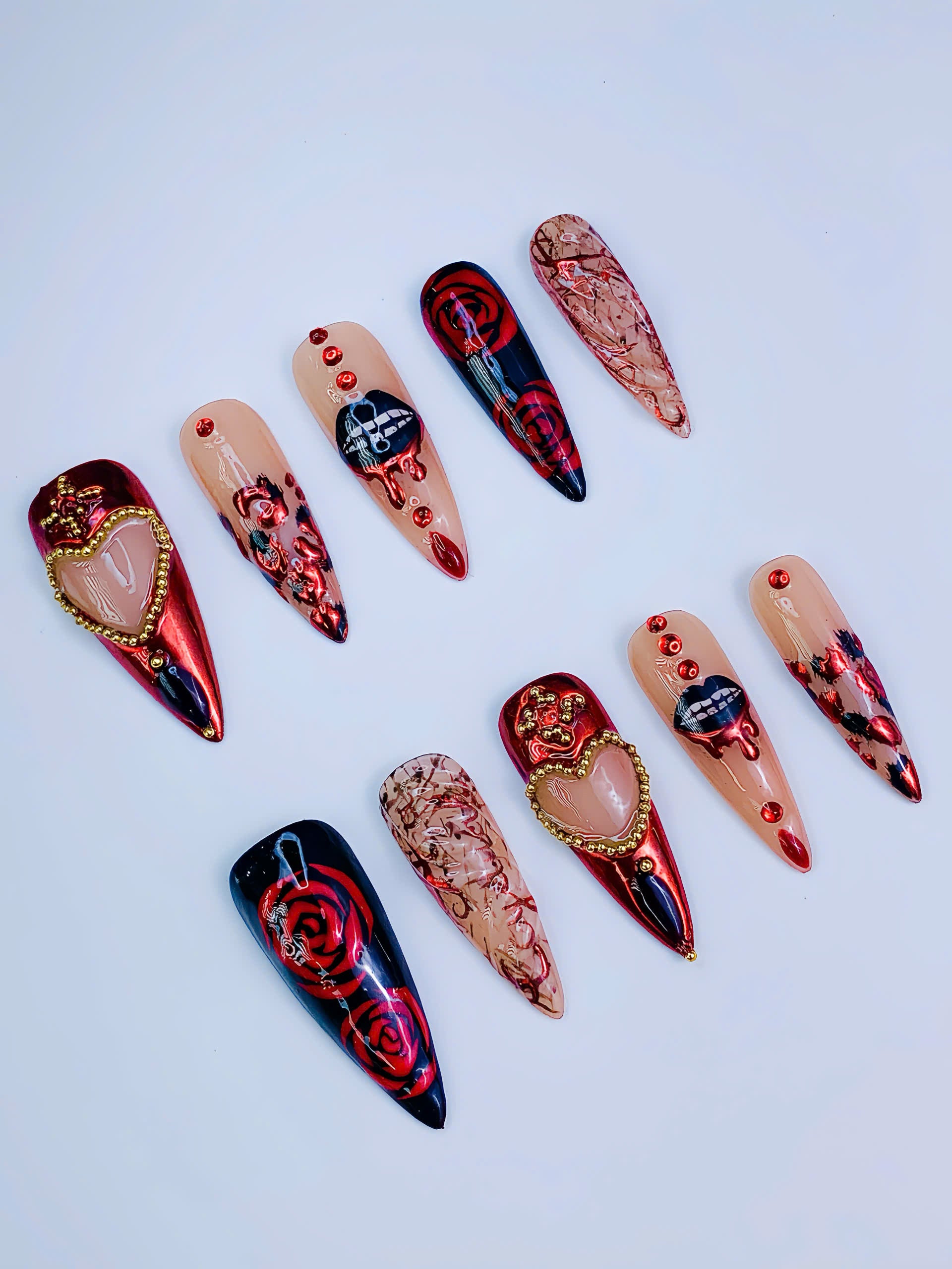 Luxury Gothic Chrome Rose Heart Stiletto Press On Nail Set