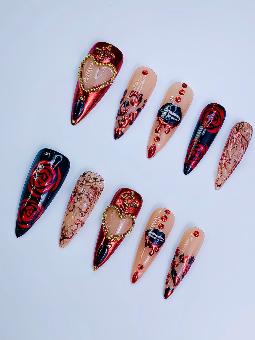 Luxury Gothic Chrome Rose Heart Stiletto Press On Nail Set