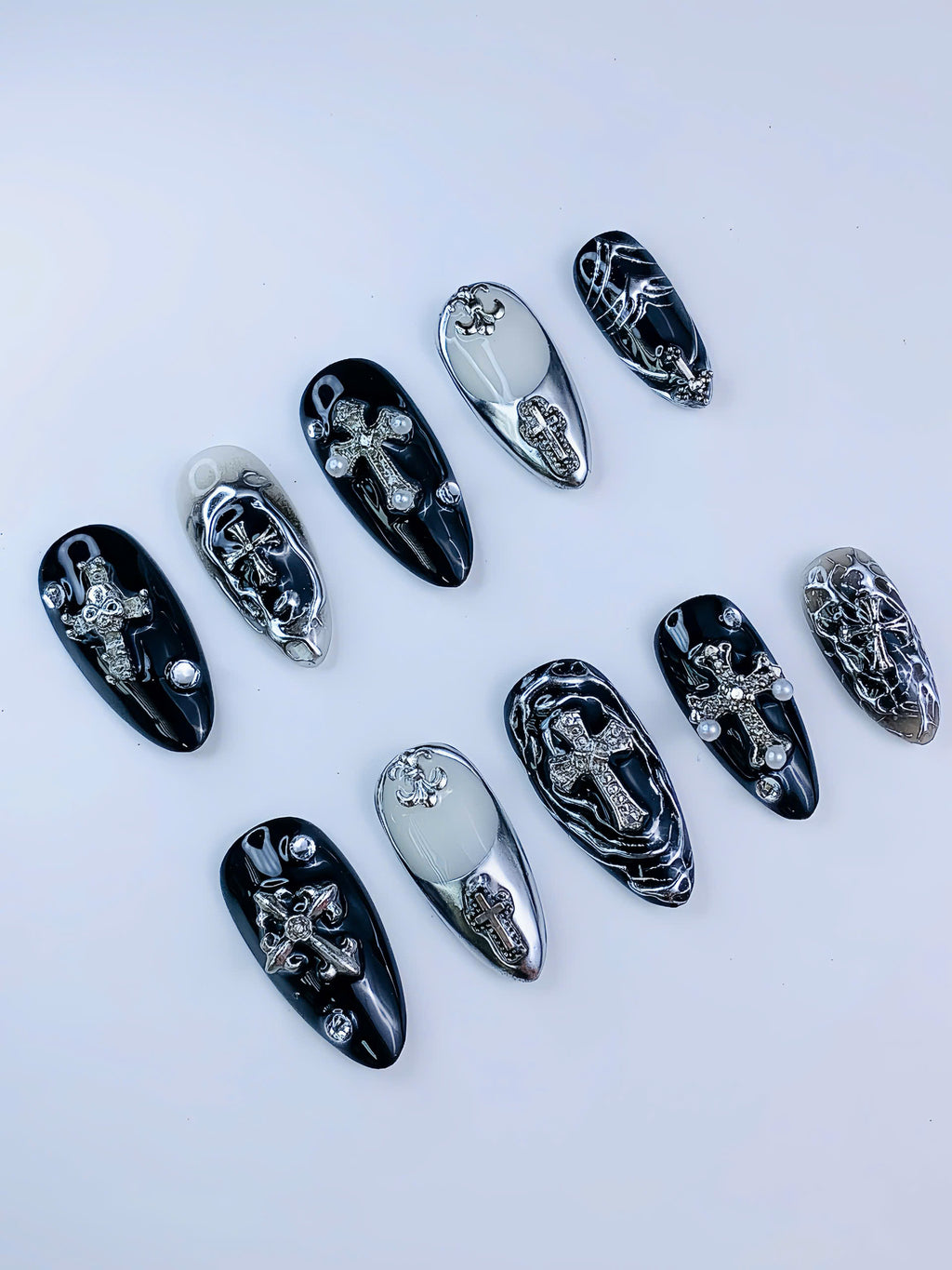 Luxury Gothic Cross Black Silver Chrome Press On Nail Set