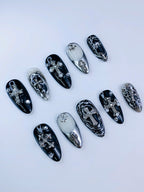 Luxury Gothic Cross Black Silver Chrome Press On Nail Set