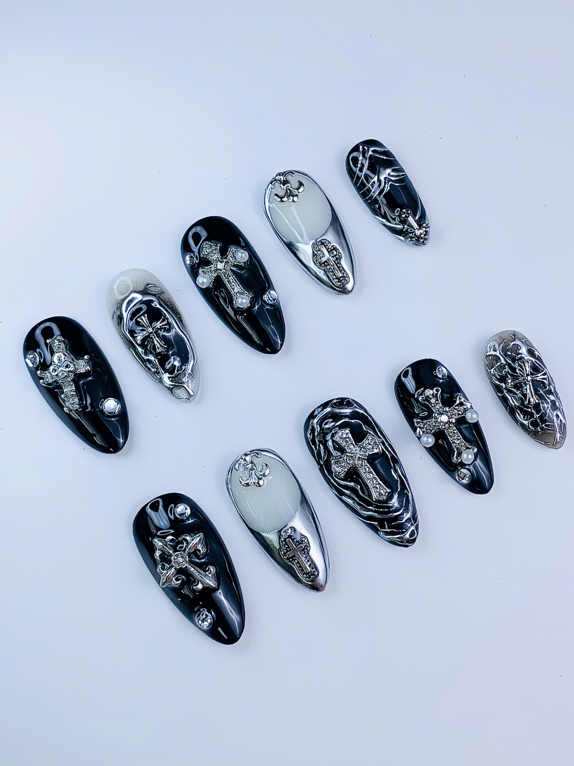 Luxury Gothic Cross Black Silver Chrome Press On Nail Set