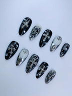 Luxury Gothic Cross Black Silver Chrome Press On Nail Set