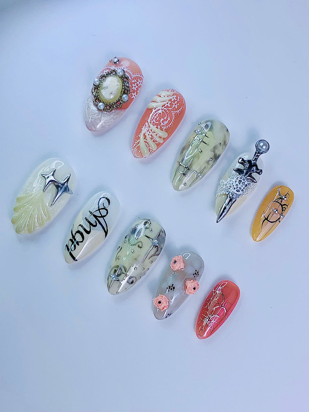 Vintage Mixed Art Press On Nails Luxury Handmade Almond Press On Set
