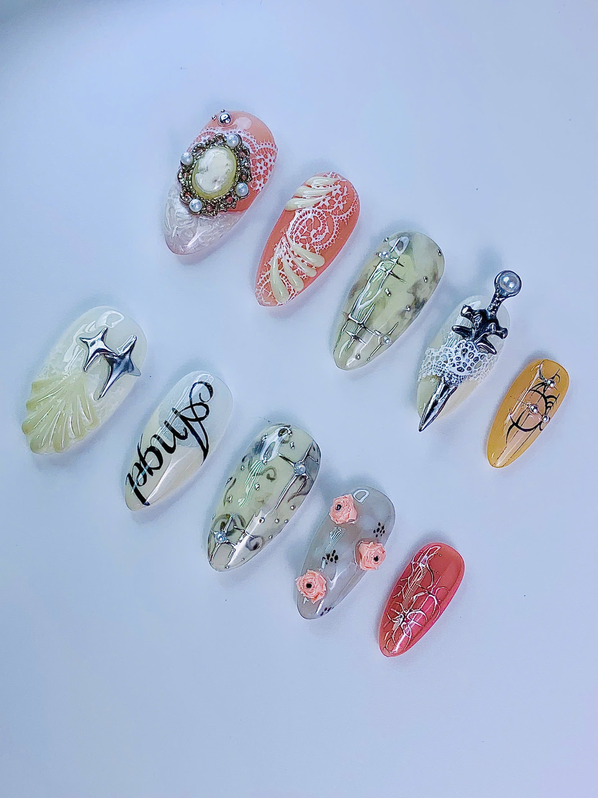 Vintage Mixed Art Press On Nails Luxury Handmade Almond Press On Set