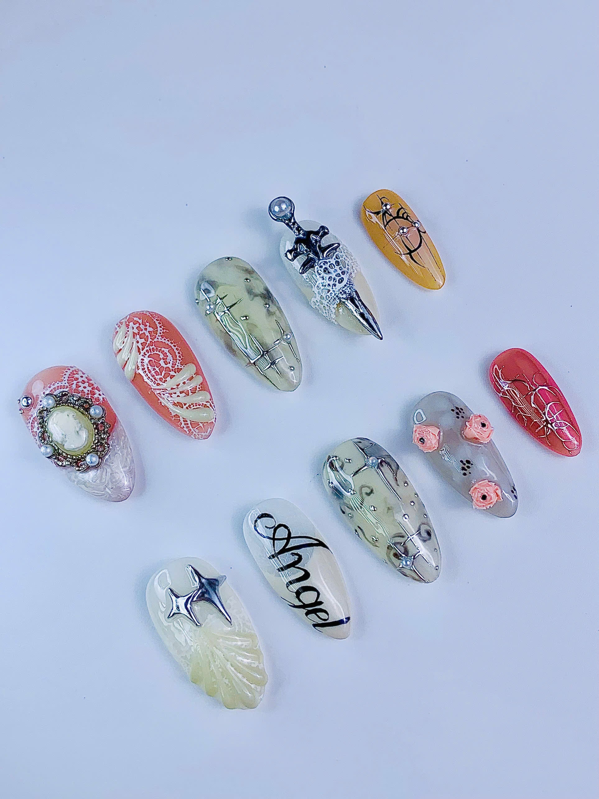 Vintage Mixed Art Press On Nails Luxury Handmade Almond Press On Set