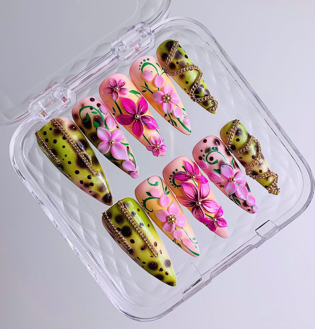 Hand Painted Tropical Floral Summer Luxury Almond Press On Nail Set