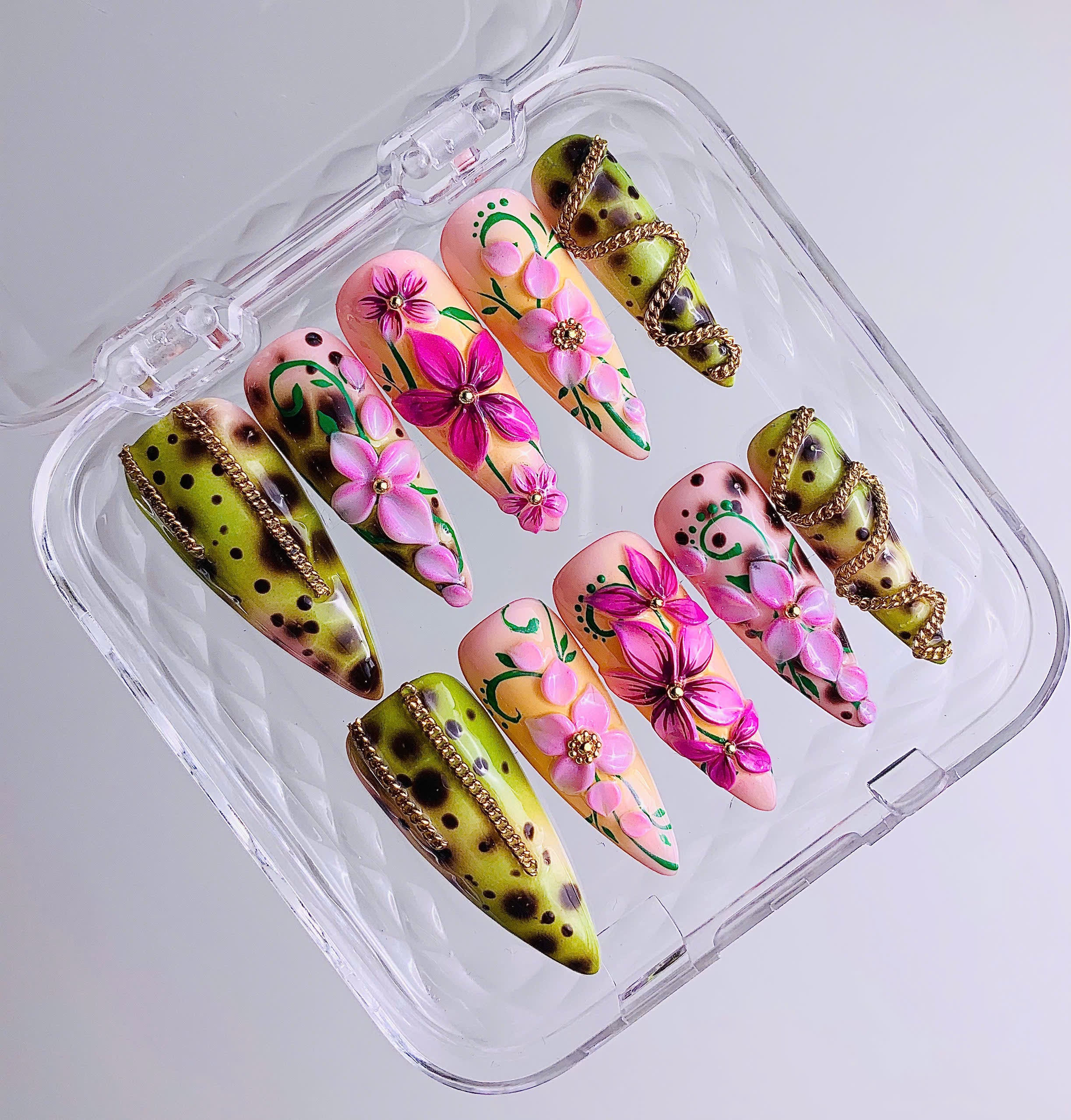 Hand Painted Tropical Floral Summer Luxury Almond Press On Nail Set