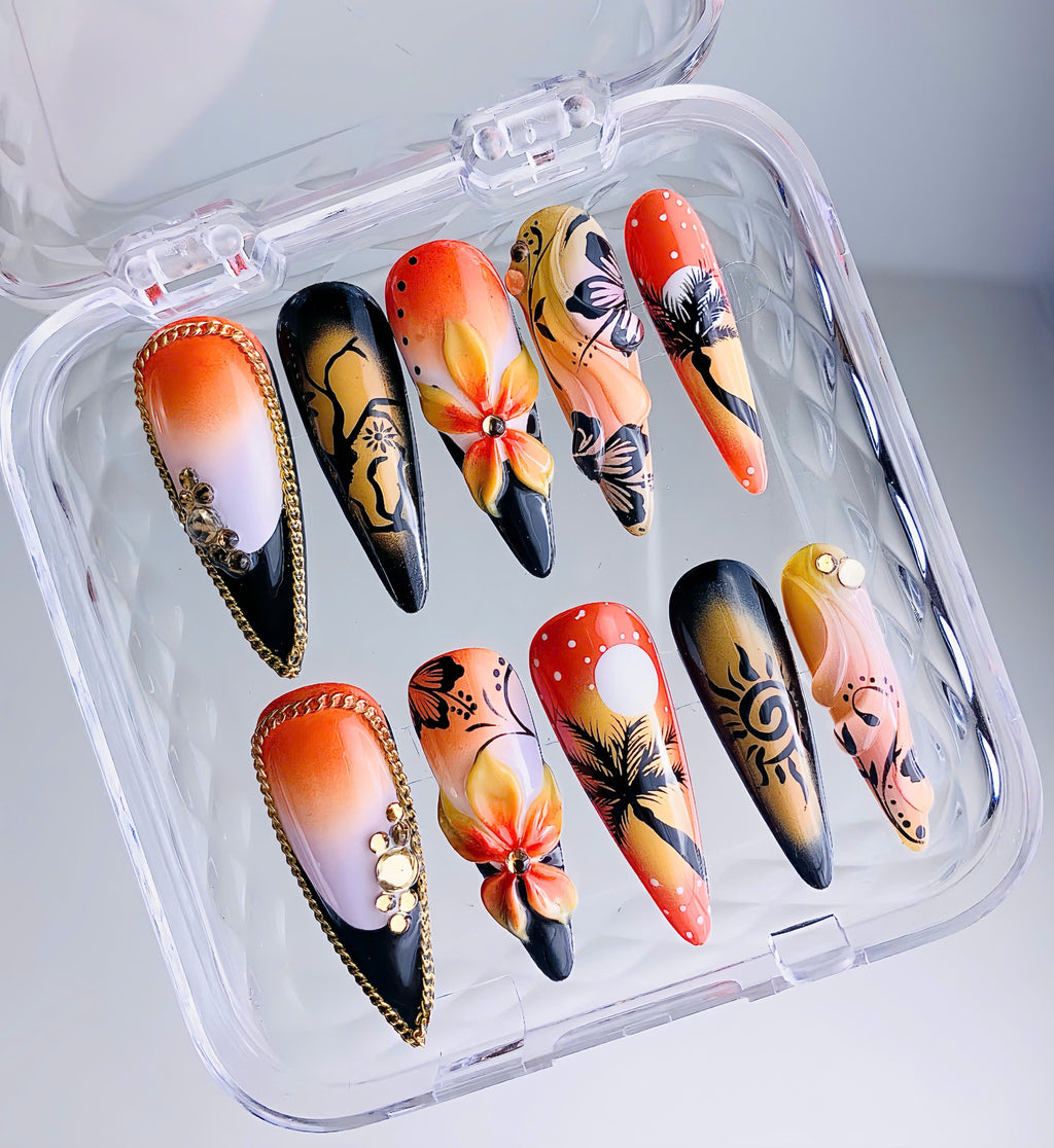 Luxury Tropical Sunset Floral Hand Painted Almond Press On Nail Set