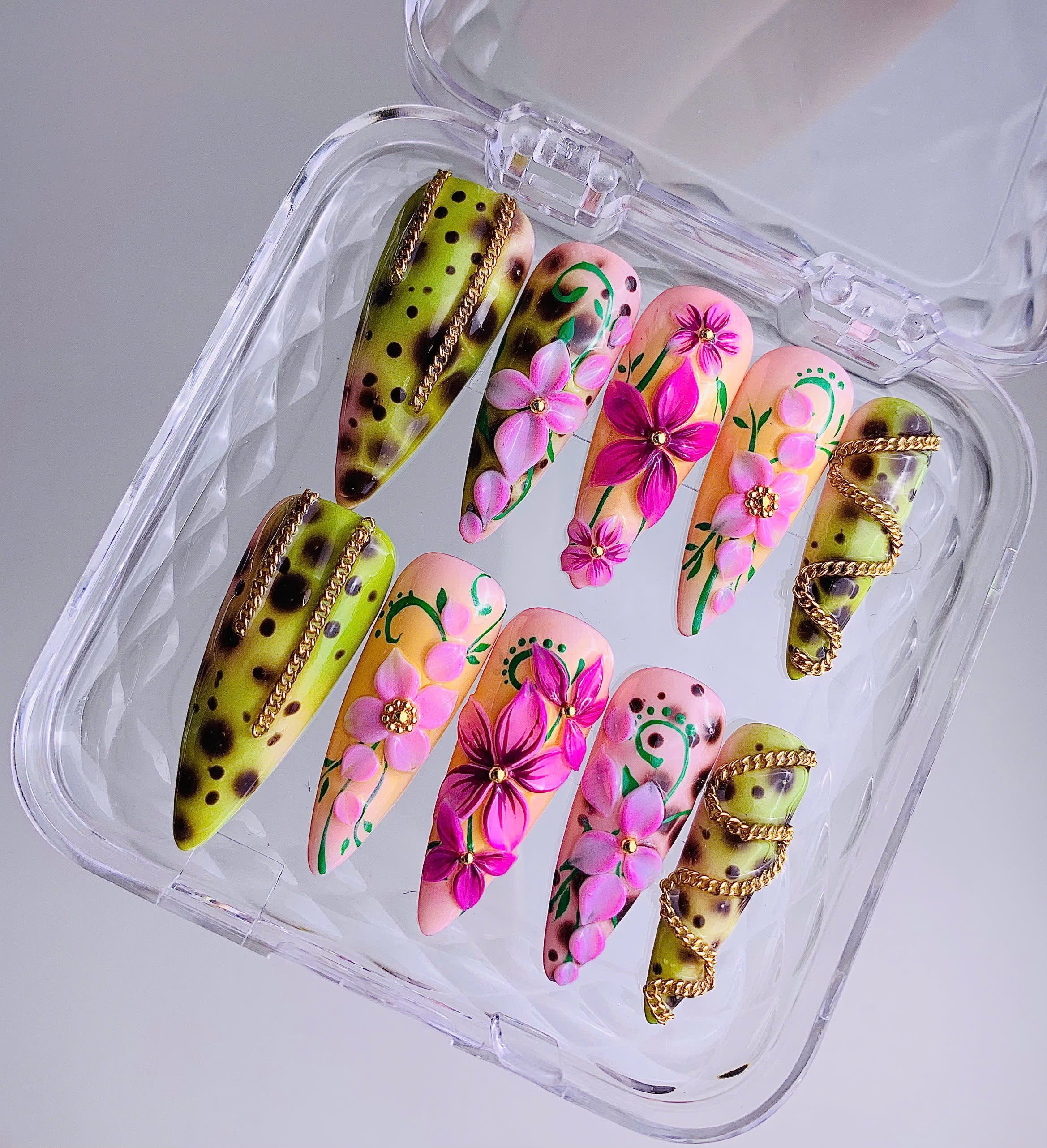 Hand Painted Tropical Floral Summer Luxury Almond Press On Nail Set