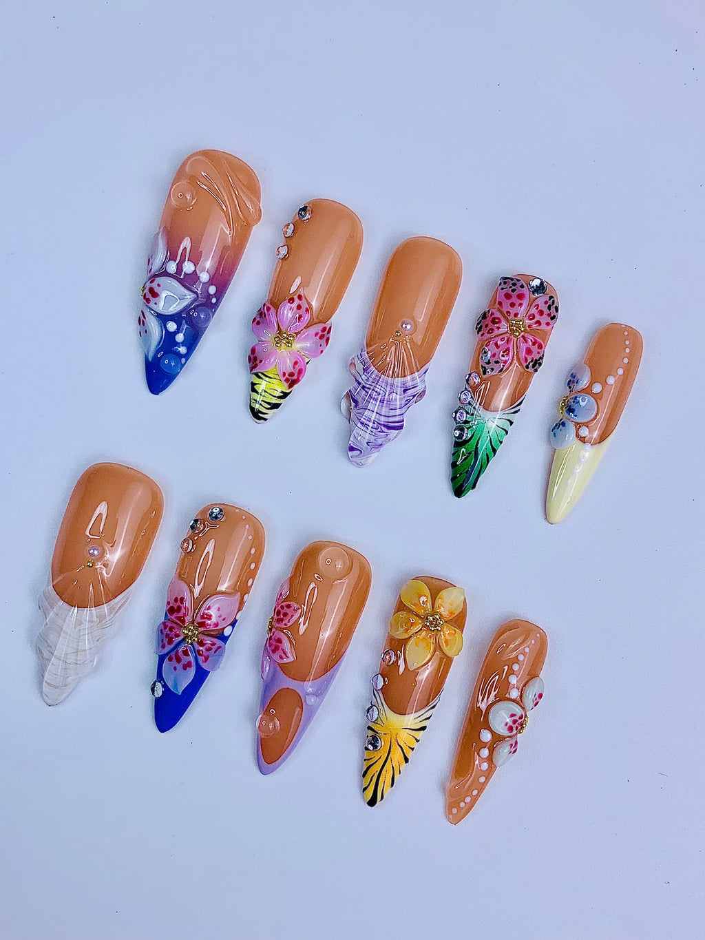 Tropical Floral Seashell Handmade Summer Press On Nail Set