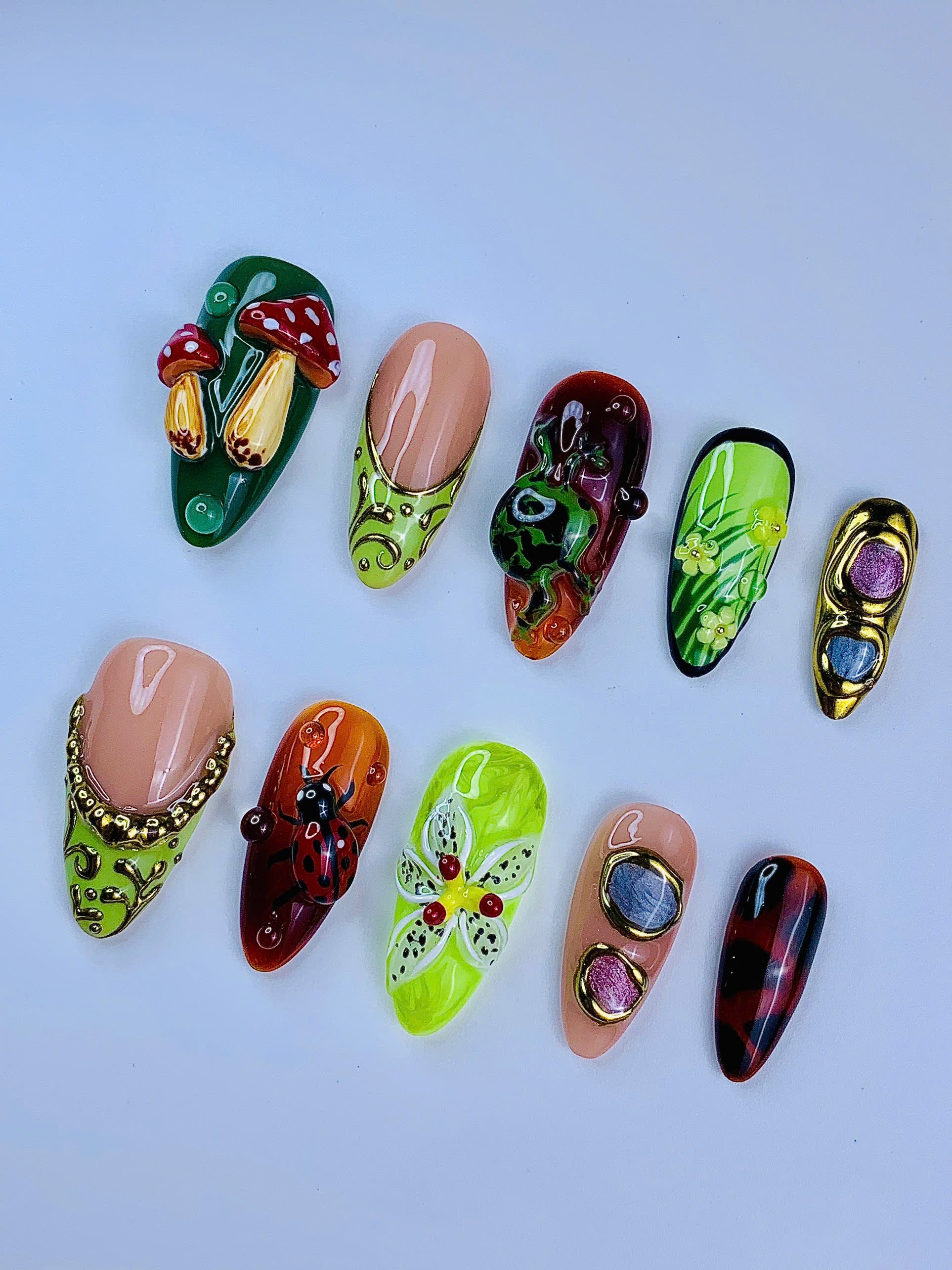 Woodland Fantasy Sculptural Handmade Press On Nail Set Luxury Design Collection