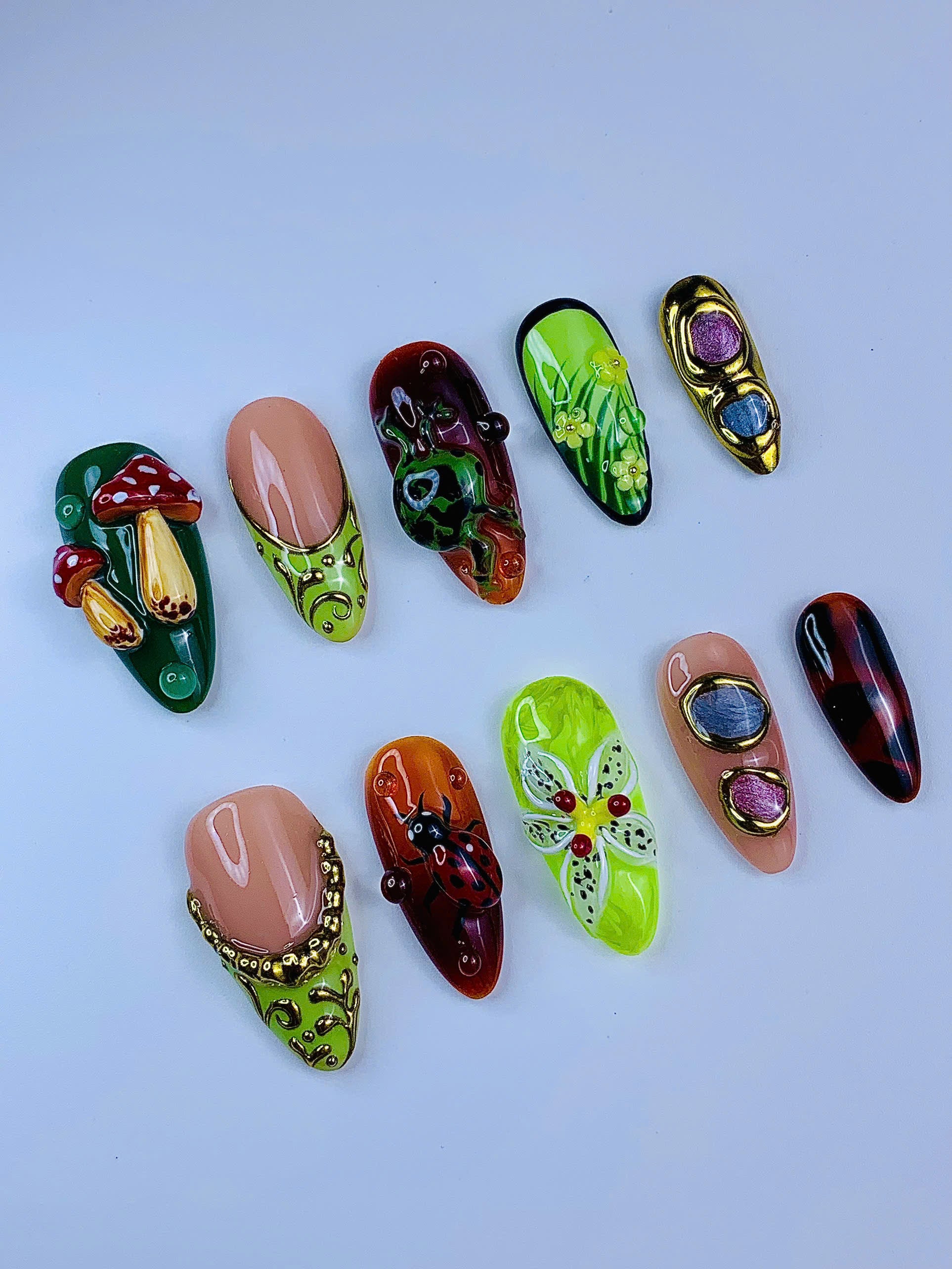 Woodland Fantasy Sculptural Handmade Press On Nail Set Luxury Design Collection