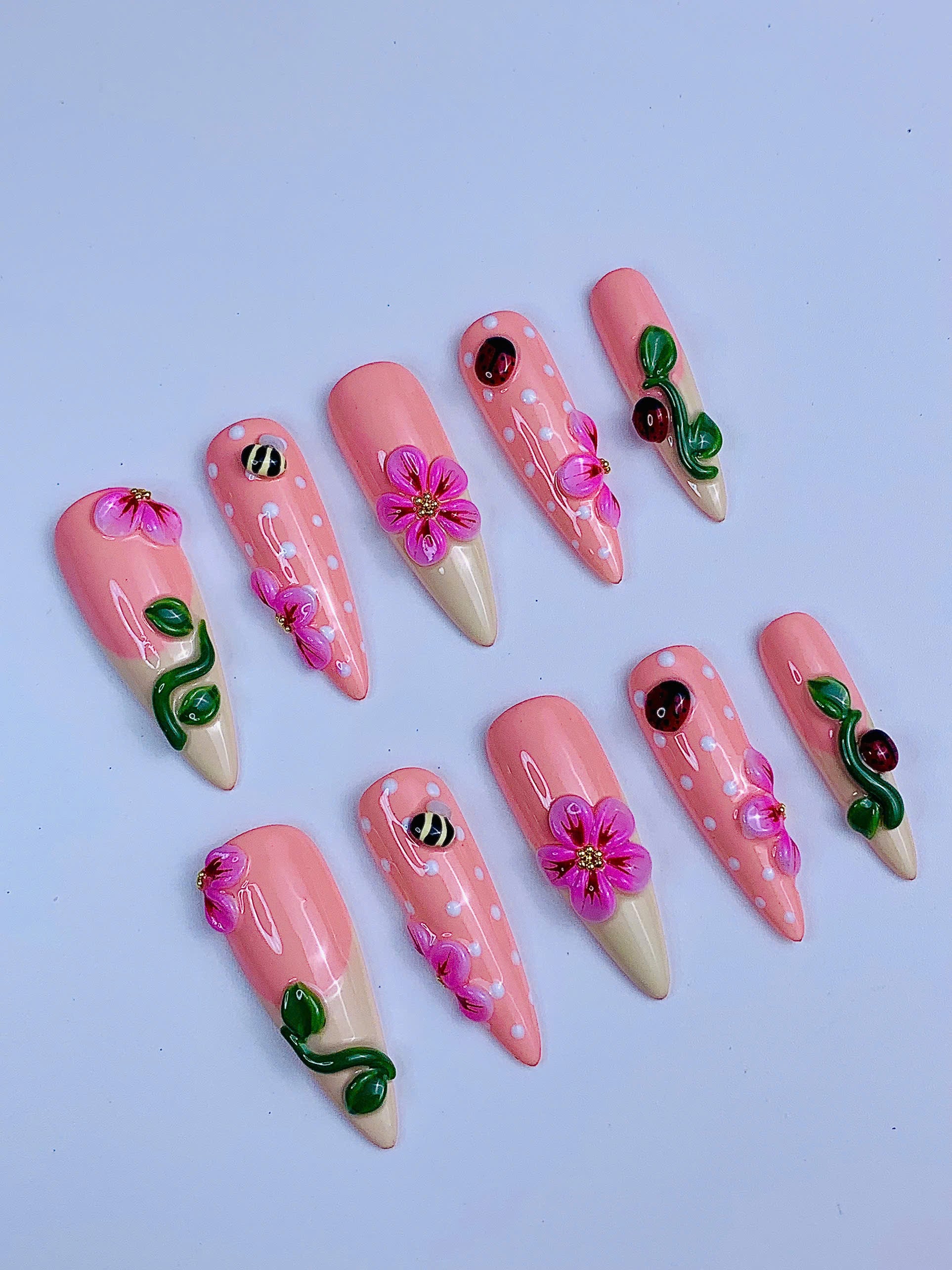 Pink Floral Ladybug Garden Spring Handmade Press On Nail Set