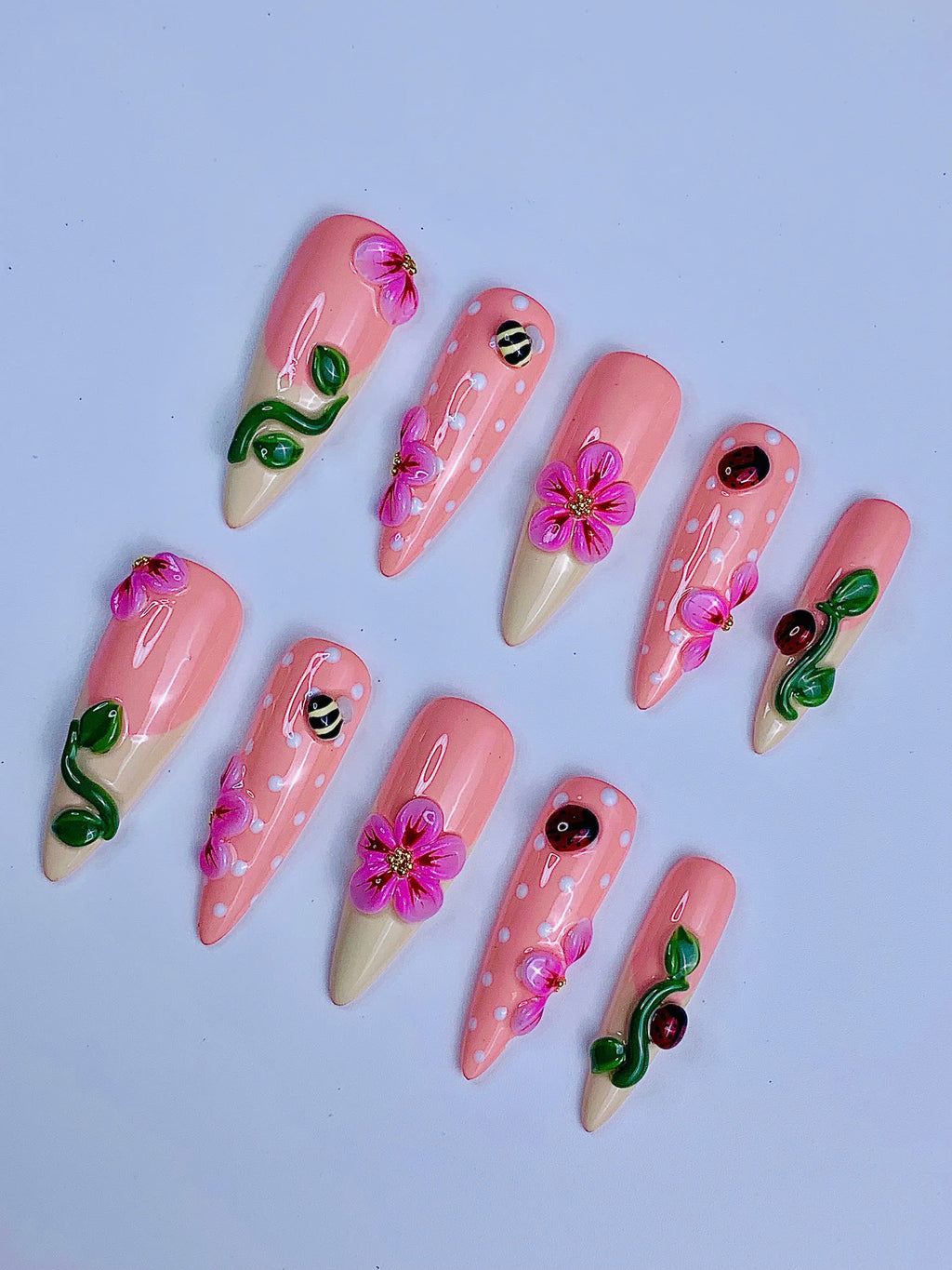 Pink Floral Ladybug Garden Spring Handmade Press On Nail Set