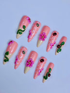 Pink Floral Ladybug Garden Spring Handmade Press On Nail Set