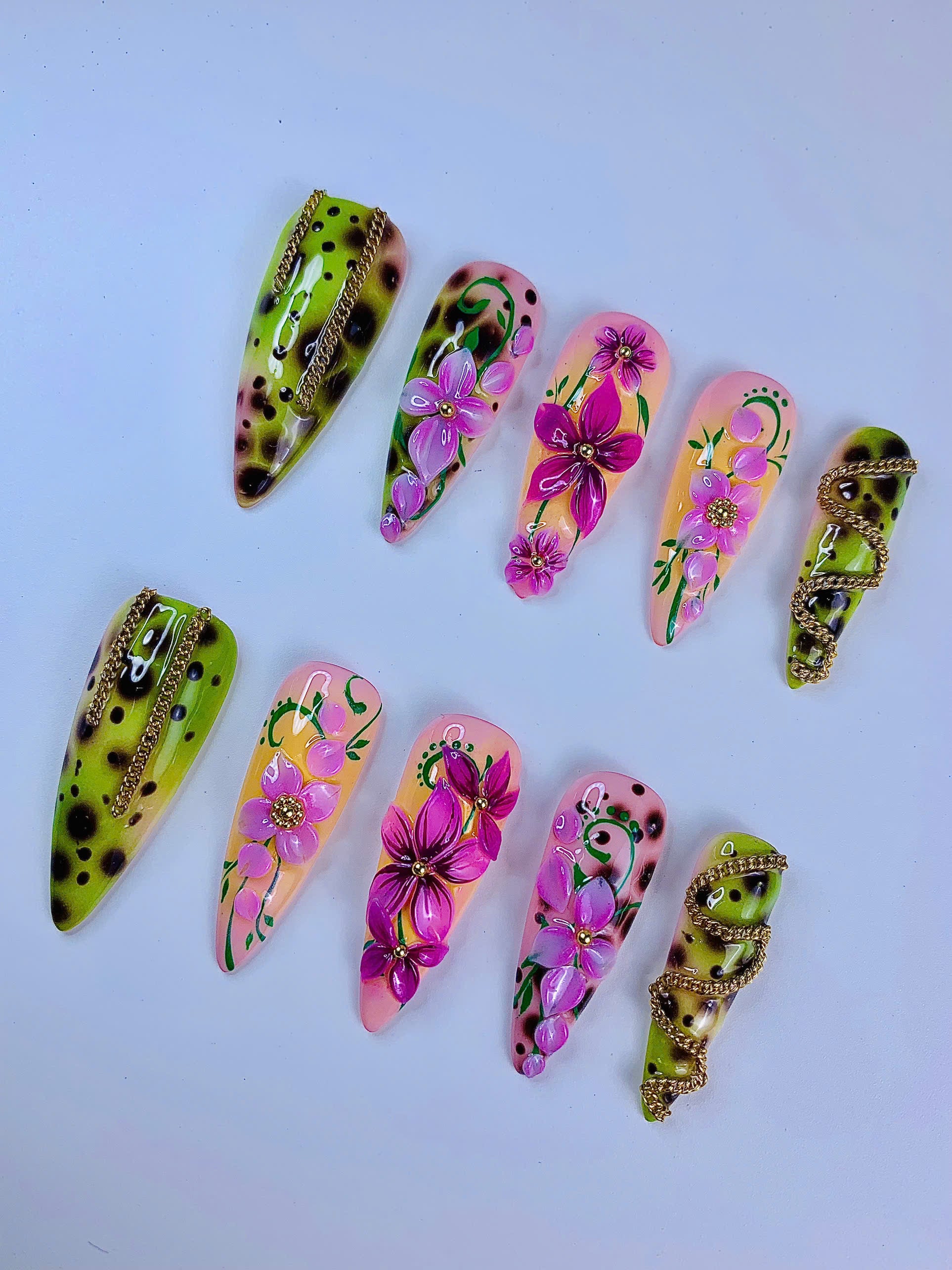 Tropical Orchid Leopard Handmade Floral Press On Nail Set
