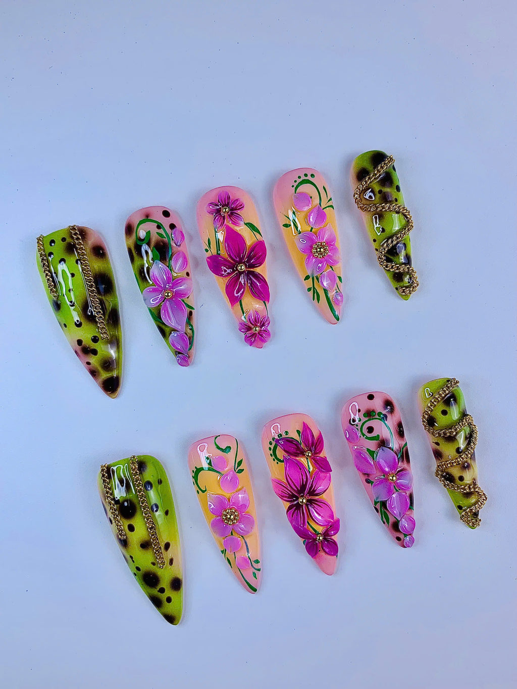 Tropical Orchid Leopard Handmade Floral Press On Nail Set