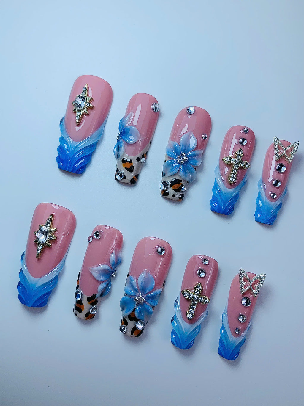 Pink Blue Floral Butterfly Cross Press On Nail Set Handmade Luxury Design