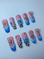 Pink Blue Floral Butterfly Cross Press On Nail Set Handmade Luxury Design