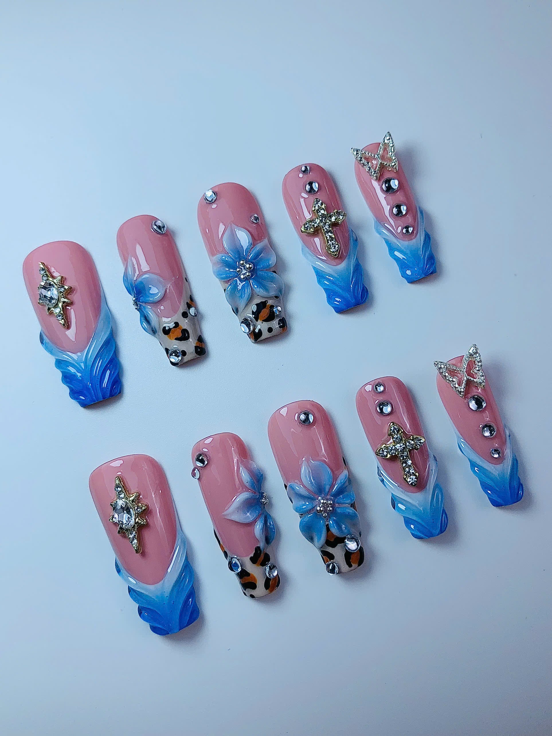 Pink Blue Floral Butterfly Cross Press On Nail Set Handmade Luxury Design