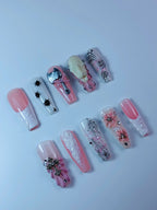 Pink Gothic Floral Cross Skull Press On Nail Set Handmade Art Design