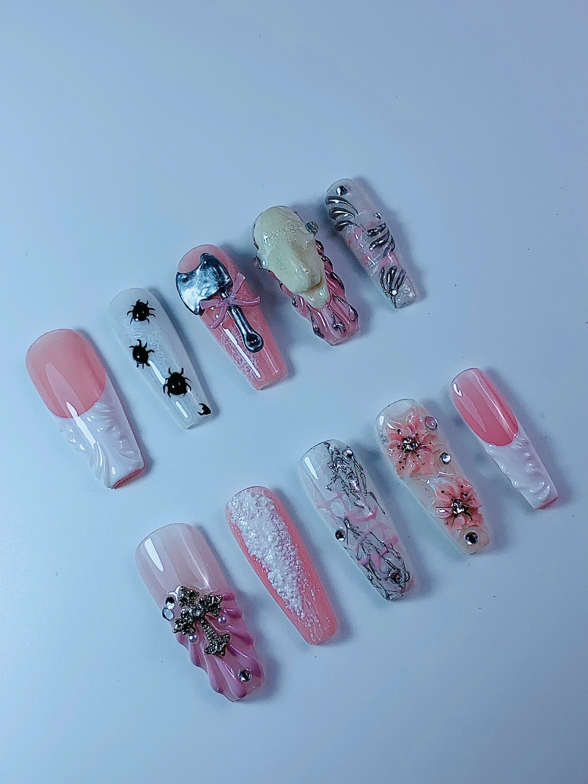 Pink Gothic Floral Cross Skull Press On Nail Set Handmade Art Design