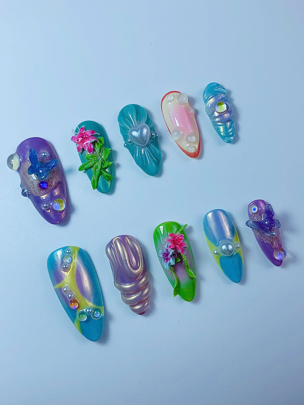 Fantasy Butterfly Floral Pearl Press On Nail Set Handmade Mermaid Dream Design